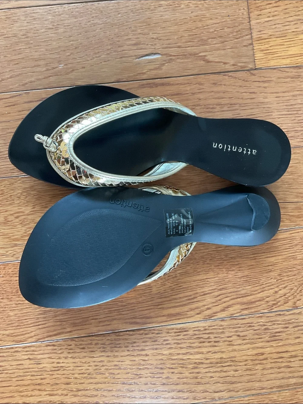 Attention,  Black Thong Sandals with Gold Braided Trim NWOT Sz 6
